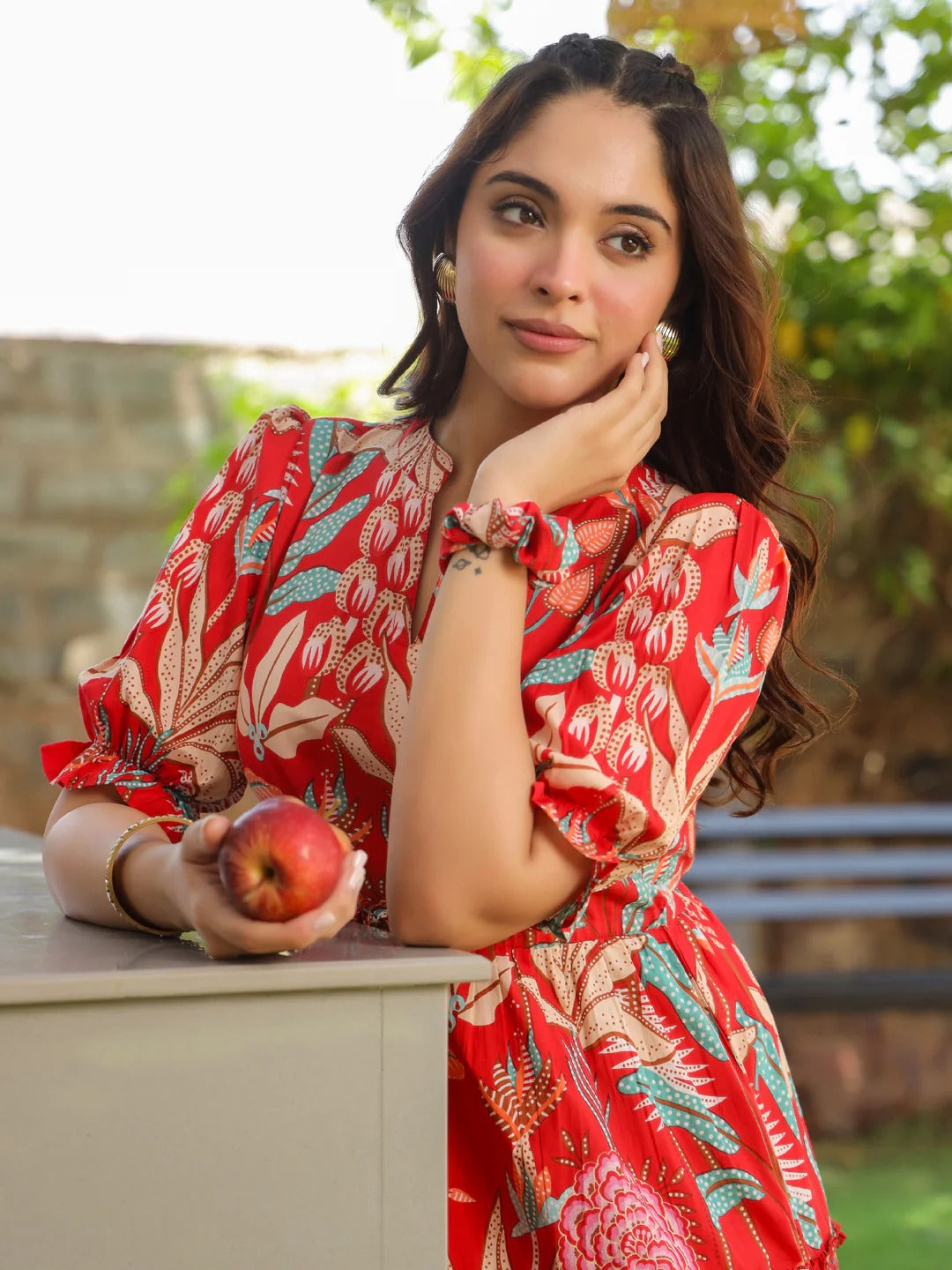 Women Floral Print Puff Sleeve Pure Cotton Fit & Flare Midi Dress