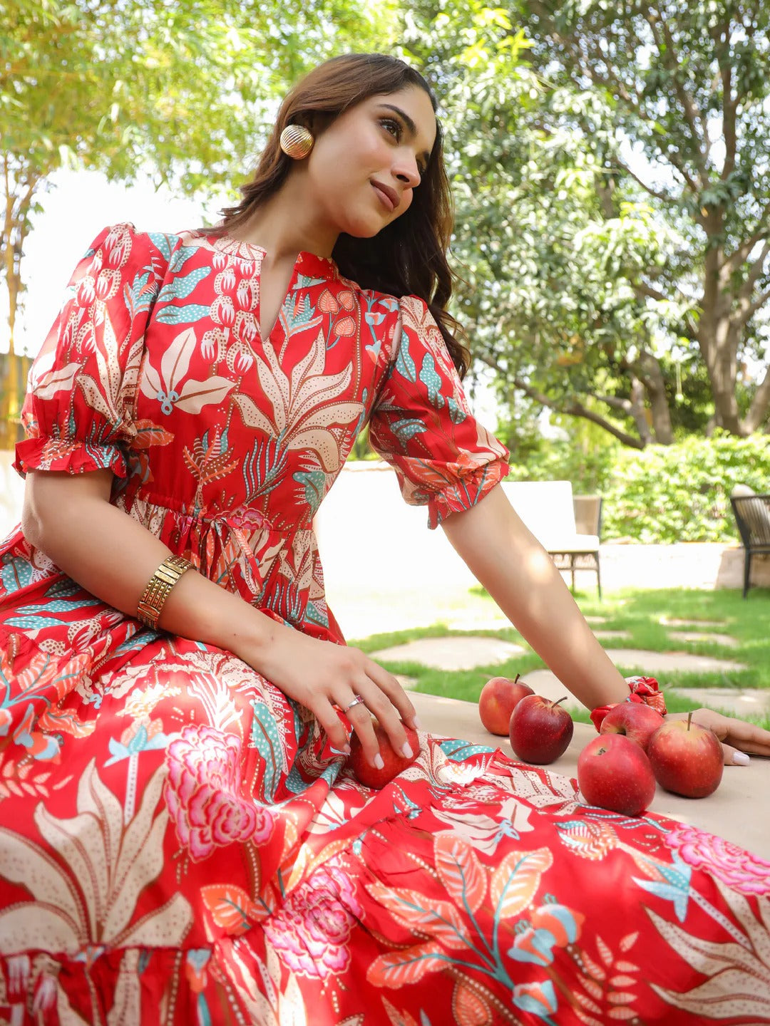 Women Floral Print Puff Sleeve Pure Cotton Fit & Flare Midi Dress