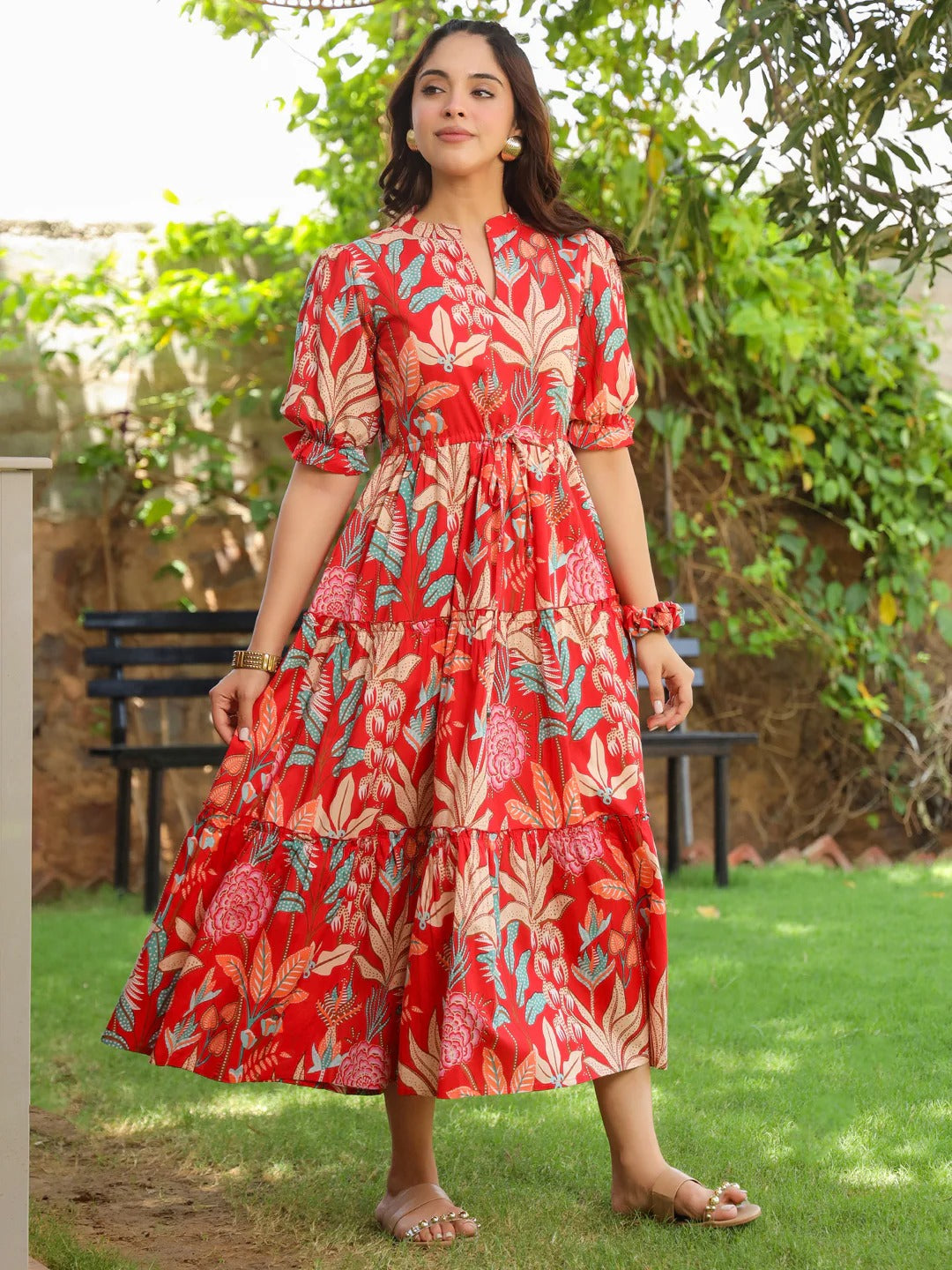 Women Floral Print Puff Sleeve Pure Cotton Fit & Flare Midi Dress