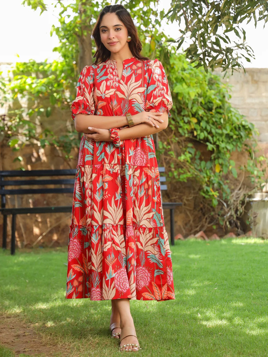 Women Floral Print Puff Sleeve Pure Cotton Fit & Flare Midi Dress