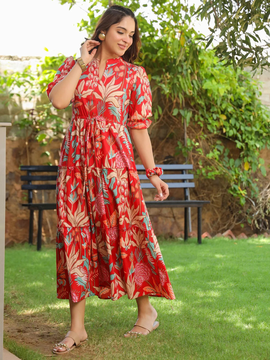 Women Floral Print Puff Sleeve Pure Cotton Fit & Flare Midi Dress