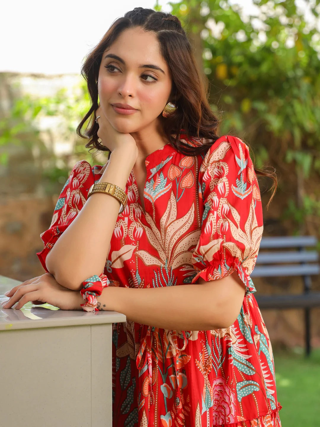 Women Floral Print Puff Sleeve Pure Cotton Fit & Flare Midi Dress